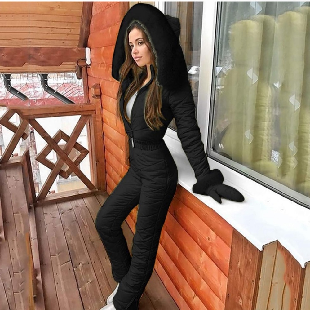 Black Women's Ski One-Piece Snow Jacket with Hood